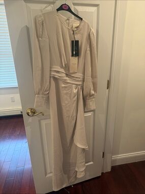 Veiled Cream Long-Sleeve Maxi Dress with Draped Waist